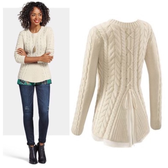 CAbi Sweaters - CABI Cream Lace Up Back Ivory Layered Sweater